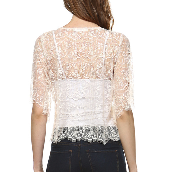 Cream Shimmery Sheer Lace Eyelash Trim Top, Large NWT - Picture 3 of 3